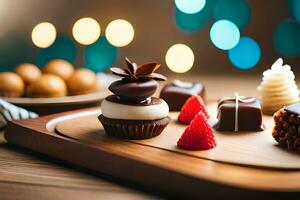 chocolate sobremesas em uma de madeira bandeja com luzes dentro a fundo. gerado por IA foto