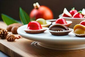 uma prato com de várias diferente tipos do chocolates. gerado por IA foto