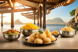 indiano Comida dentro taças em de madeira mesa com oceano dentro fundo. gerado por IA foto