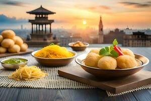 indiano Comida com cidade Visão às pôr do sol. gerado por IA foto