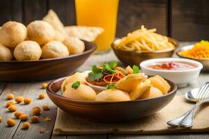 indiano Comida com pão e legumes em de madeira mesa. gerado por IA foto