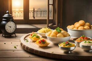 indiano Comida bufê em de madeira mesa com uma Visão do a oceano. gerado por IA foto