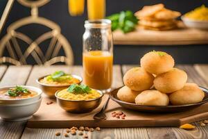 indiano Comida em de madeira mesa com taças do Comida. gerado por IA foto