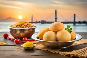 chinês Comida com Macarrão e dumplings em de madeira mesa com pôr do sol. gerado por IA foto