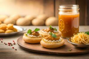 pequeno Comida Itens em uma de madeira mesa com uma vidro do suco. gerado por IA foto