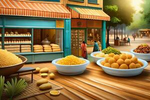 a ilustração do uma rua cena com taças do Comida. gerado por IA foto