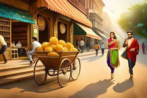 uma casal caminhando baixa a rua com uma carrinho cheio do laranjas. gerado por IA foto