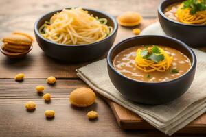 três taças do sopa com Macarrão e queijo. gerado por IA foto