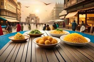 indiano Comida em uma mesa dentro frente do uma cidade. gerado por IA foto
