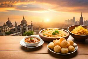 indiano Comida com cidade visualizar. gerado por IA foto