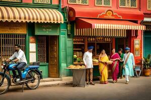 uma grupo do pessoas caminhando baixa a rua dentro Índia. gerado por IA foto
