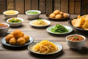 vários pratos do Comida estão arranjado em uma mesa. gerado por IA foto