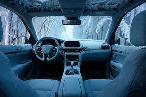 congeladas carro interior. dirigindo dentro inverno temporada. generativo ai foto