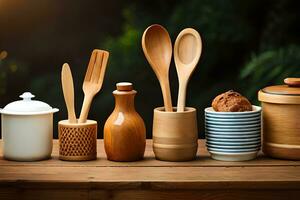 uma grupo do de madeira utensílios em uma mesa. gerado por IA foto