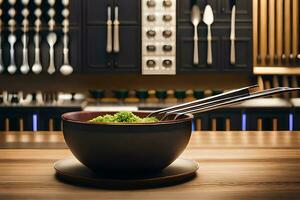 uma tigela do verde Comida senta em uma mesa com dois garfos. gerado por IA foto