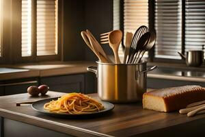 cozinha utensílios em de madeira mesa com pão e massa. gerado por IA foto