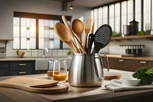 uma cozinha com utensílios e uma de madeira corte borda. gerado por IA foto