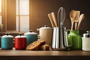 cozinha utensílios e utensílios em uma mesa. gerado por IA foto