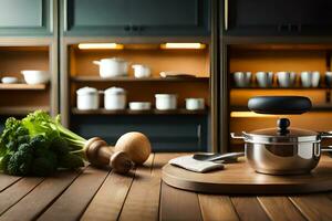 uma cozinha com uma Panela e uma faca em uma de madeira mesa. gerado por IA foto