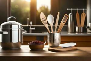 cozinha utensílios em uma de madeira bancada. gerado por IA foto