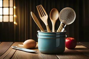 cozinha utensílios dentro uma azul Panela em uma de madeira mesa. gerado por IA foto