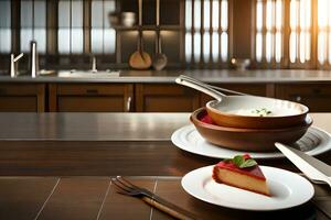 uma cozinha mesa com uma sobremesa e uma faca. gerado por IA foto