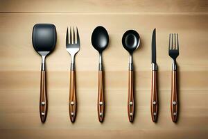 cinco diferente utensílios em uma de madeira mesa. gerado por IA foto