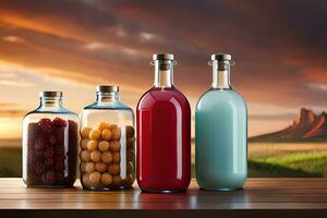 três garrafas com diferente colori líquidos sentado em uma mesa. gerado por IA foto
