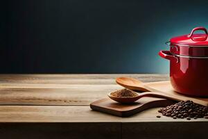 vermelho Panela e café feijões em de madeira mesa. gerado por IA foto
