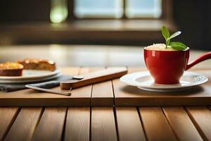 uma vermelho copo do café senta em uma de madeira mesa. gerado por IA foto