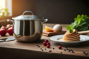 uma panela com Comida em uma mesa Próximo para uma faca e garfo. gerado por IA foto