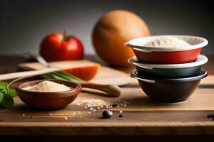 taças do arroz, tomates, e especiarias em uma de madeira mesa. gerado por IA foto