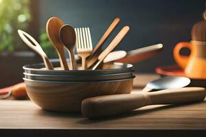 uma de madeira tigela com utensílios sentado em uma mesa. gerado por IA foto