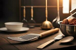 cozinha utensílios em uma de madeira mesa. gerado por IA foto