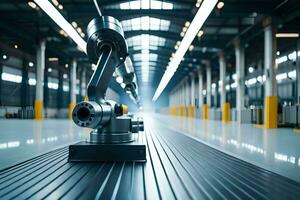 uma robô é em pé dentro uma fábrica com uma ampla máquina. gerado por IA foto