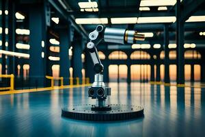 uma robótico braço é sentado em uma mesa dentro uma fábrica. gerado por IA foto
