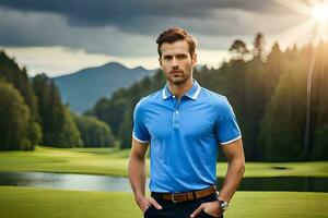 uma homem dentro uma azul camisa em pé em uma golfe curso. gerado por IA foto