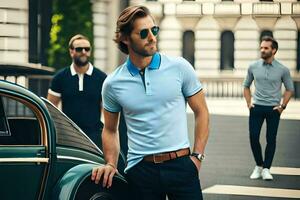 uma homem dentro uma azul pólo camisa e oculos de sol em pé Próximo para uma carro. gerado por IA foto