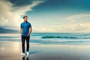 uma homem dentro uma azul pólo camisa em pé em a de praia. gerado por IA foto