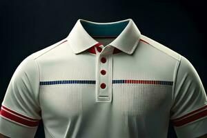 uma fechar acima do uma branco pólo camisa com vermelho, azul e branco listras. gerado por IA foto
