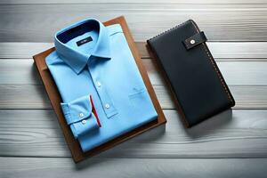 azul camisa e carteira em de madeira mesa. gerado por IA foto