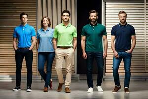 cinco homens e mulheres vestindo diferente cores do pólo camisas. gerado por IA foto