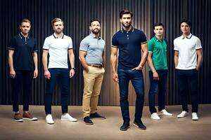 uma grupo do homens dentro diferente cores do pólo camisas. gerado por IA foto