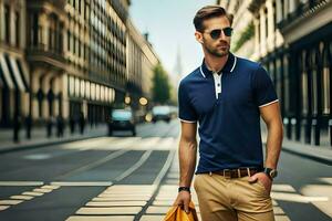 uma homem dentro oculos de sol e uma pólo camisa é caminhando baixa a rua. gerado por IA foto