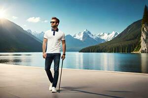uma homem dentro oculos de sol e uma branco pólo camisa é em pé perto uma lago. gerado por IA foto