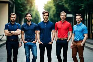 cinco homens dentro diferente cores do pólo camisas em pé em uma rua. gerado por IA foto