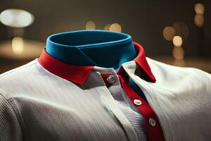 uma fechar acima do uma branco camisa com vermelho e azul colarinho. gerado por IA foto