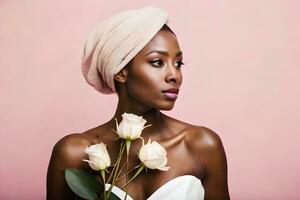 lindo africano mulher com branco rosas em Rosa fundo. gerado por IA foto