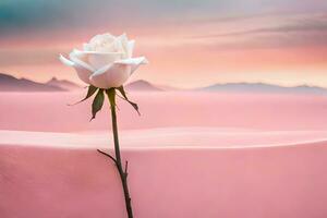 uma solteiro rosa carrinhos dentro a meio do uma Rosa areia duna. gerado por IA foto