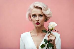 uma mulher com curto branco cabelo e vermelho lábios segurando uma rosa. gerado por IA foto